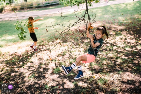 A Chicago, Illinois family photographer documented a girl swinging from a branch hanging from a big tree