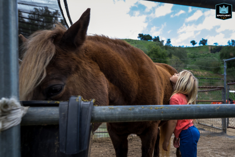 In Ventura, California, a girl stands next to her horse, gently resting her chin on it while it eats from a pail, capturing a tender bond between them.