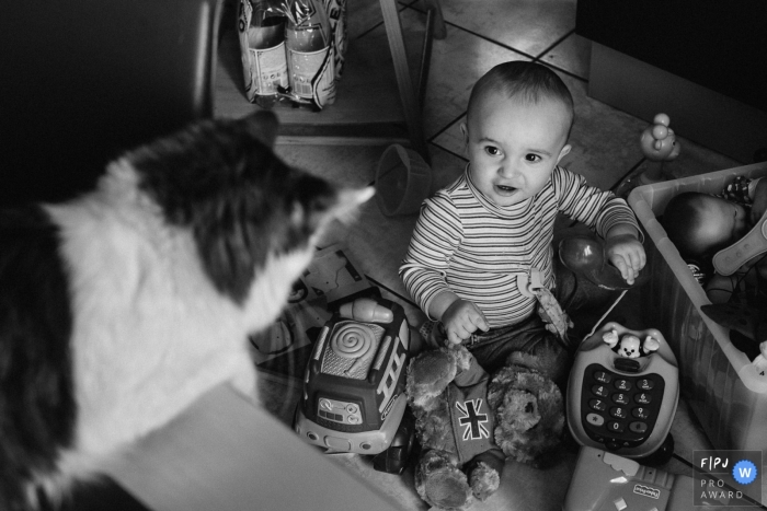 Photo by: <a href="https://www.fpja.com/documentary-family-photography-contests/marine-poron/paris/2061851">Marine Poron - France</a> A little boy looks up at a cat as he plays with his toys in this photo by a Paris, France award-winning family photographer.