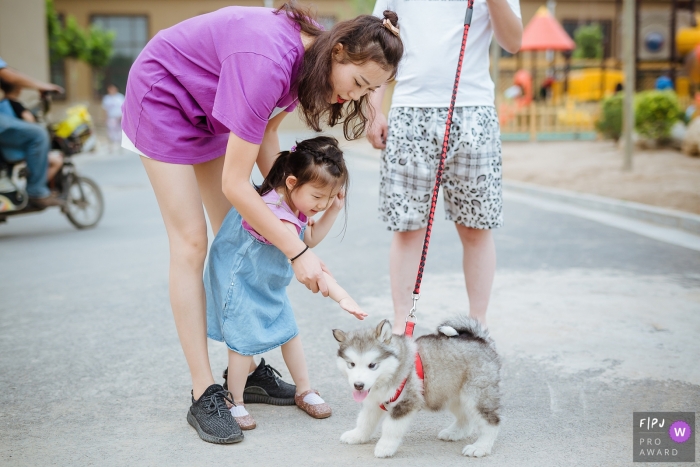 Photo by: <a href="https://www.fpja.com/documentary-family-photography-contests/bai-gang/shanxi/2062836">Bai Gang - China</a> A mother helps her daughter pet a puppy in this image created by a Shanxi, China family photographer.