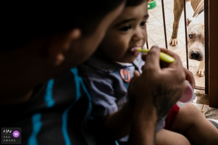 A father feeds his son as the dog watches in the next room in this FPJA award-winning image captured by a Rio de Janeiro family photographer. 