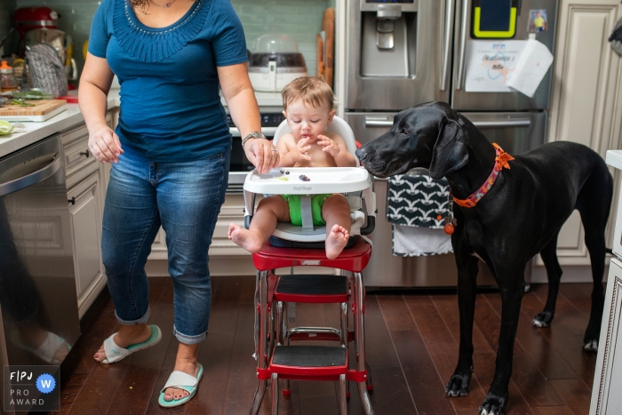 Photo by: <a href="https://www.fpja.com/documentary-family-photography-contests/jill-mcnamara/phoenix/2074256">Jill McNamara - United States</a> A large black dog comes to investigate as a mother gives her baby lunch in this photo by a Phoenix, AX family photojournalist.