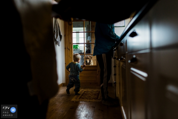 Un petit garçon se précipite pour aller voir son chien alors que ses parents travaillent dans la cuisine au sein de cette photo photo récompensée par un photographe de famille documentaire de Copenhague.