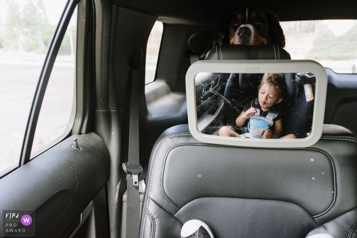 Photo by: <a href="https://www.fpja.com/documentary-family-photography-contests/tiffany-luong/los-angeles/2099166">Tiffany Luong - United States</a> A dog peeks over the car seat at a little boy in this photograph created by a Los Angeles, CA family photojournalist.