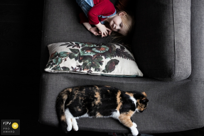 Photo by: <a href="https://www.fpja.com/documentary-family-photography-contests/joosje-janssen/eindhoven/2103127">Joosje Janssen - Netherlands</a> Eindhoven Noord Brabant young child and sleeping cat Sharing the couch.