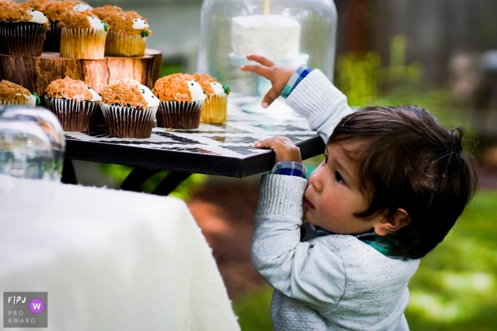 Photo de famille de Seattle prise d'un garçon atteignant les cupcakes d'anniversaire avant qu'ils ne soient distribués