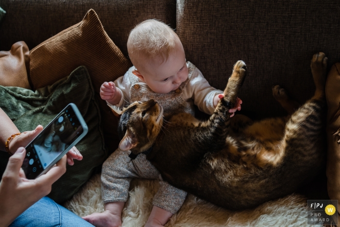 Zuid Holland Day in the Life documentary family photo showing A baby is examining her cat Zuid Holland Day in the Life documentary family photo showing A baby is examining her cat
