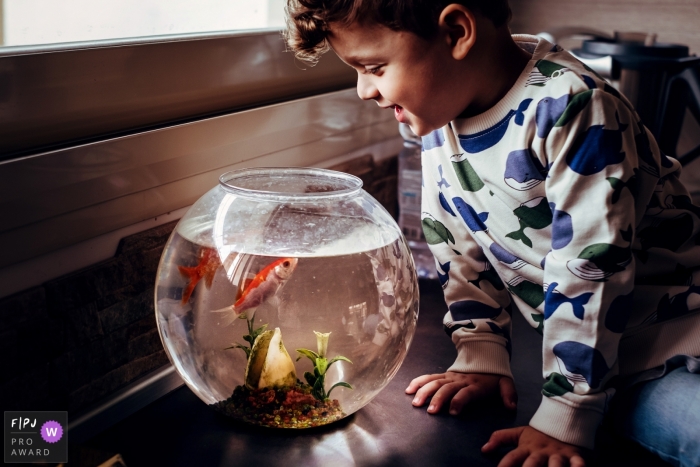 Moment driven Genoa family photojournalism image of a young boy talking to his fish in a bowl Moment driven Genoa family photojournalism image of a young boy talking to his fish in a bowl