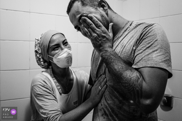 Sao Paulo father in tears during the emotional time experienced at the hospital during the birth of his child Sao Paulo father in tears during the emotional time experienced at the hospital during the birth of his child