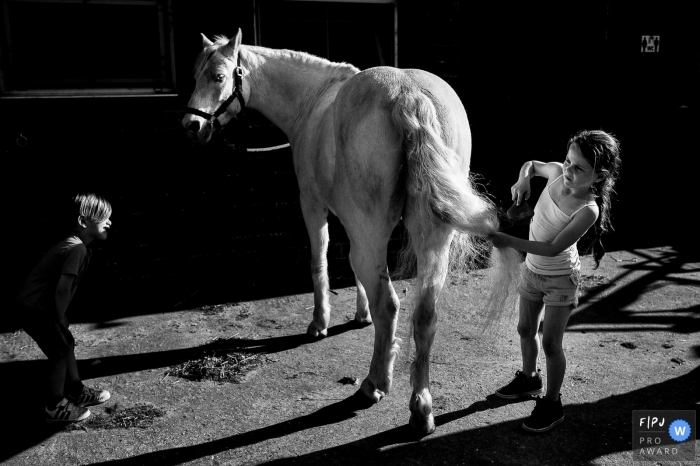 Ein dokumentarischer Familienfotograf aus Flandern hat dieses Mädchen aufgezeichnet, das einem Pferd den Schweif ausbürstet