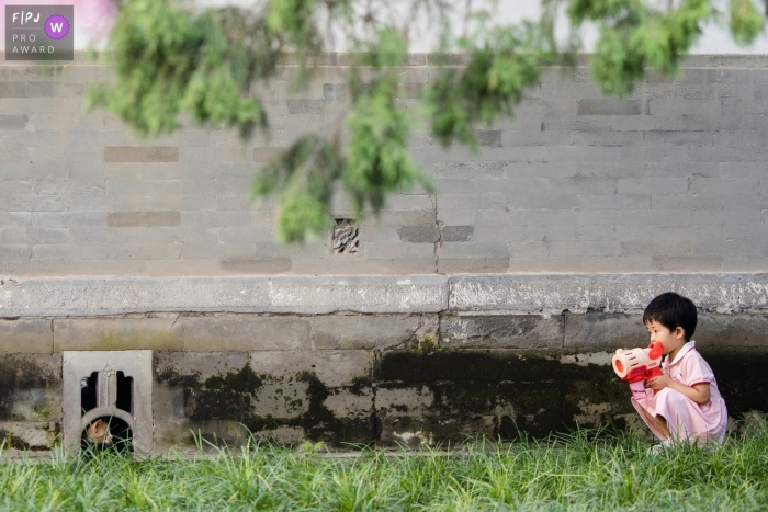 A Zhejiang, China family photographer documented this Girl and kitten in a grass garden