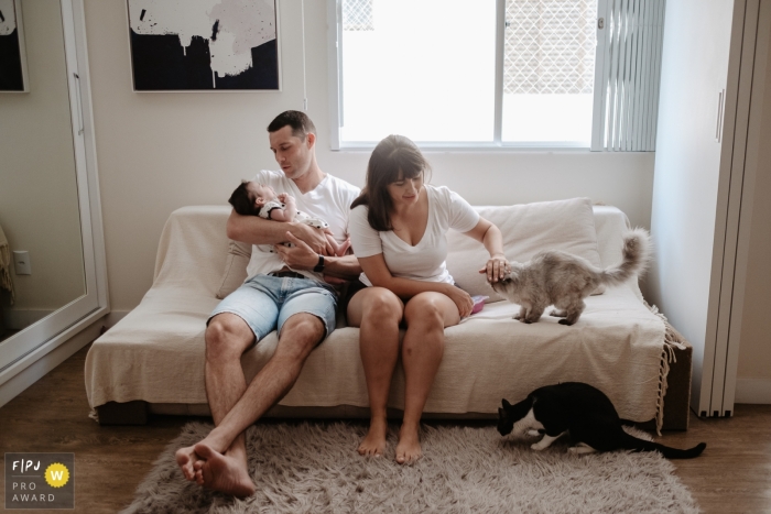 Florianopolis family documentary photography session showing the Family gathered in the living room, father, mother, newborn daughter and cats Florianopolis family documentary photography session showing the Family gathered in the living room, father, mother, newborn daughter and cats