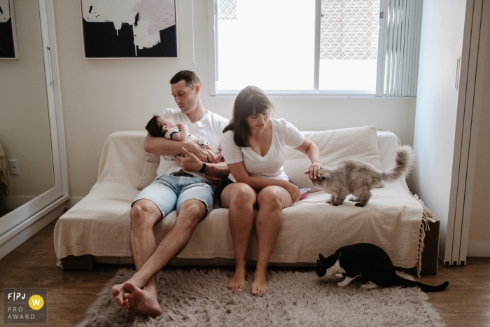 Florianopolis Familien-Dokumentarfotografie-Session, die die im Wohnzimmer versammelte Familie zeigt, Vater, Mutter, neugeborene Tochter und Katzen